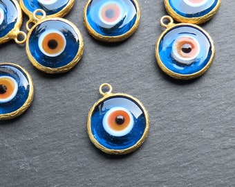 Evil Eye Nazar Pendant Charm, Handmade Turkish Glass Artisan Bead with Gold Bezel, Blue Egg Yellow Iris,  22k Matte Gold Plated 1pc