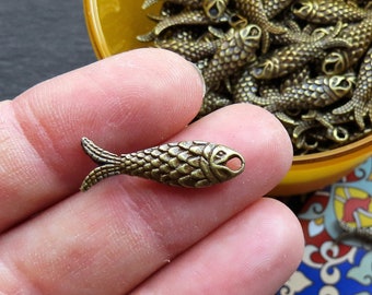 6 Rustic Double Sided Fish Charms, Good Luck Charm, Prosperity Symbol,Antique Bronze Plated Brass