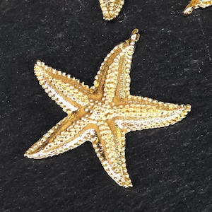 May include: A gold-colored starfish ornament with a textured surface. The starfish is on a black background.