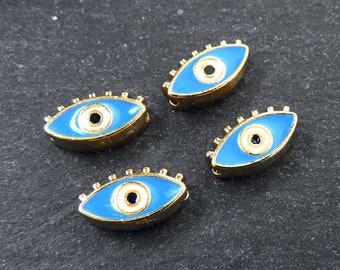 Evil Eye Beads, Cornflower Blue Evil Eye, Enamel Evil Eye Bead, Bead Spacer, Evil Eye Charm, Eye Charms, Shiny Gold Plated, 7x13mm, 4pc,