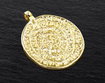 Greek Phaistos Disc Pendant, Greek Mythology Jewelry, 24k Shiny Gold Plated, 1pc