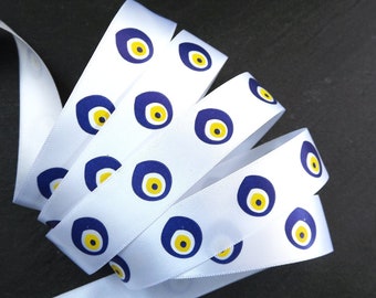 Evil Eye Ribbon 20m Roll, Turkish Eye Satin Ribbon, Greek Eye, Protective Talisman Symbol, Good Luck, 20 meter Roll = 21.87 Yards