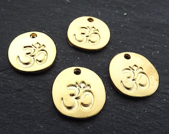 OM Charms, Small Om Pendant, Om Aum Symbol, Coin Disc Charms, Yoga Charms, Meditation Yoga Jewelry, 22k Matte Gold Plated 4pc