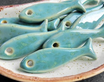 Mini Sardine Fish Charms, Aqua Nautical Beach Pendant, Handmade Ceramic DIY components, 2pc