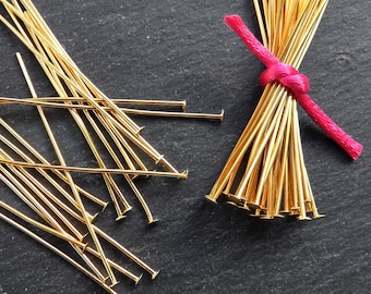 Flat Headpins T Pins 2 inch 20 Gauge 20G, 1.8mm Head, Gold Plated, 100pcs