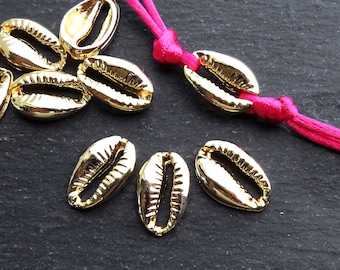 Cowrie Shell Charms, Gold Beach Seashell Bracelet Pendant Charm, 24k Shiny Gold Plated, 3pc