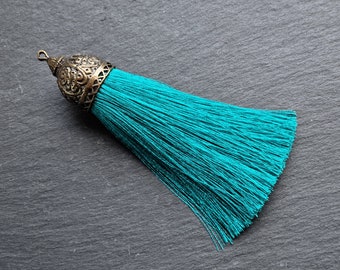 Aqua Teal Silk Tassel Pendant, Thick Ornate Antique Bronze Cap, Necklace Tassel, Curtain Tassel, Drawer Tassel, 1pc