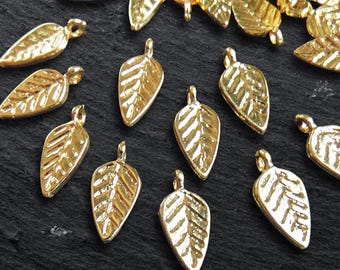 Stamped Leaf Charms for Jewelry Making, Antique Style Leaf Pendants, Nature Inspired Autumn Leaves Fall, 24k Shiny Gold Plated, 15pc