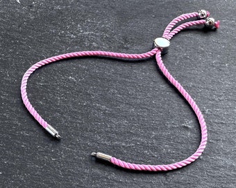 Adjustable Rope Slider Bolo Bracelet Blanks, Rich Baby Pink 2mm Cord Bracelets with Sliding Bead, Silver Findings, 1pc