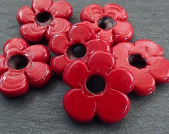 Cuentas de flores de vidrio rojo, espaciadores artesanales de flores gruesas, 20 mm, 6 piezas