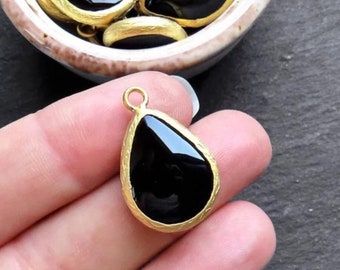 Black Onyx Teardrop Charm Pendant, Smooth Cut Gemstone 22k Matte Gold plated Bezel, 1pc