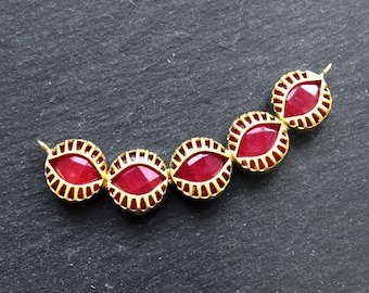 Curved Evil Eye Necklace Connector Pendant Link, All Seeing Eye, Red Jade, 22K Matte Gold Plated