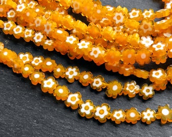 Glass Daisy Flower Beads Millefiori Murano Lampwork Flat Floral Bead, 7-8mm, 1 Strand, Orange White