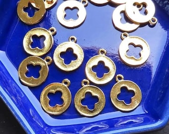 Dijes redondos de trébol de cuatro hojas, chapados en oro brillante de 24 k, 8 unidades