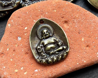 Laughing Maitreya Buddha Pendant, Big Belly Buddha Of The Future, Amulet for Luck Health Wealth Properisty, Antique Bronze Plated, 1pc