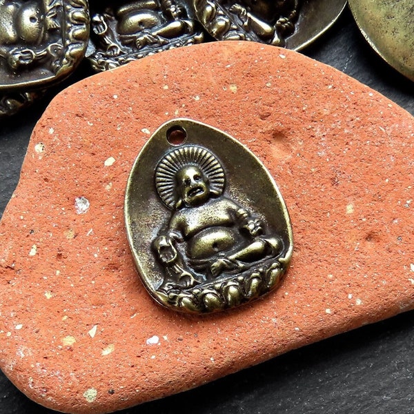 Laughing Maitreya Buddha Pendant, Big Belly Buddha Of The Future, Amulet for Luck Health Wealth Properisty, Antique Bronze Plated, 1pc