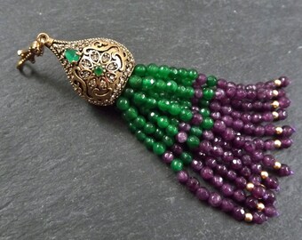 1PC Antique Bronze Large Long Emerald Green Jade Stone Beaded Tassel with Crystal Accents Greek Key Pattern