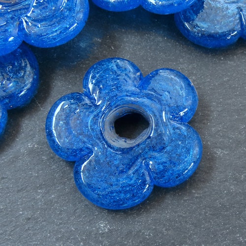 6 Deep Green Glass Flower Beads Large Chunky Flower Artisan Etsy