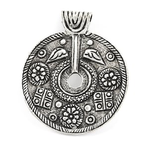 Large Round Ethnic Tribal Artisan Medallion Pendant - Matte Antique Silver Plated