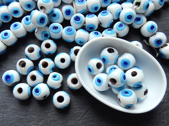 10 White Glass Evil Eye Beads, Chunky Rondelle Artisan Handmade