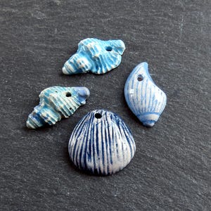 Ceramic Shell Charm Pendants Handmade Focal, Glazed Artisan Charm for Jewelry Making, Handcrafted Pottery Findings, Set 26, 4pcs