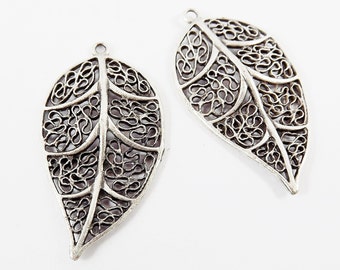 Silver Leaf Charms, Filigree Leaf, Leaf Pendant, Metal Leaf Charms, Leaves, Boho Charms, Jewelry Supplies, Matte Antique Silver Plated 2pc