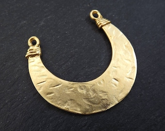 Tribal Crescent Pendant, Half Moon Pendant Connector, Hammered Gold Pendant, 22k Matte Gold Plated, 1PC