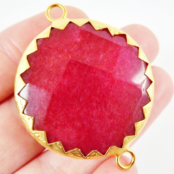 36mm Deep Red Faceted Jade Connector Pendant - 22k Matte Gold Plated 1pc