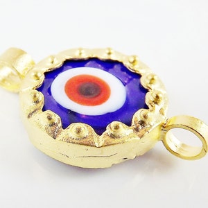 Navy Blue Evil Eye Round Glass Connector Pendant 22k Matte Gold Plated 1pc image 3