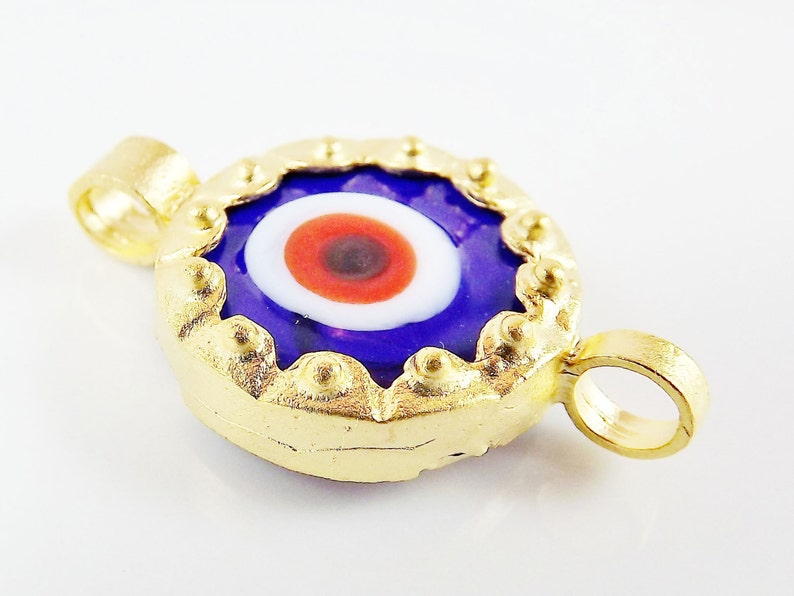 Navy Blue Evil Eye Round Glass Connector Pendant 22k Matte Gold Plated 1pc image 3