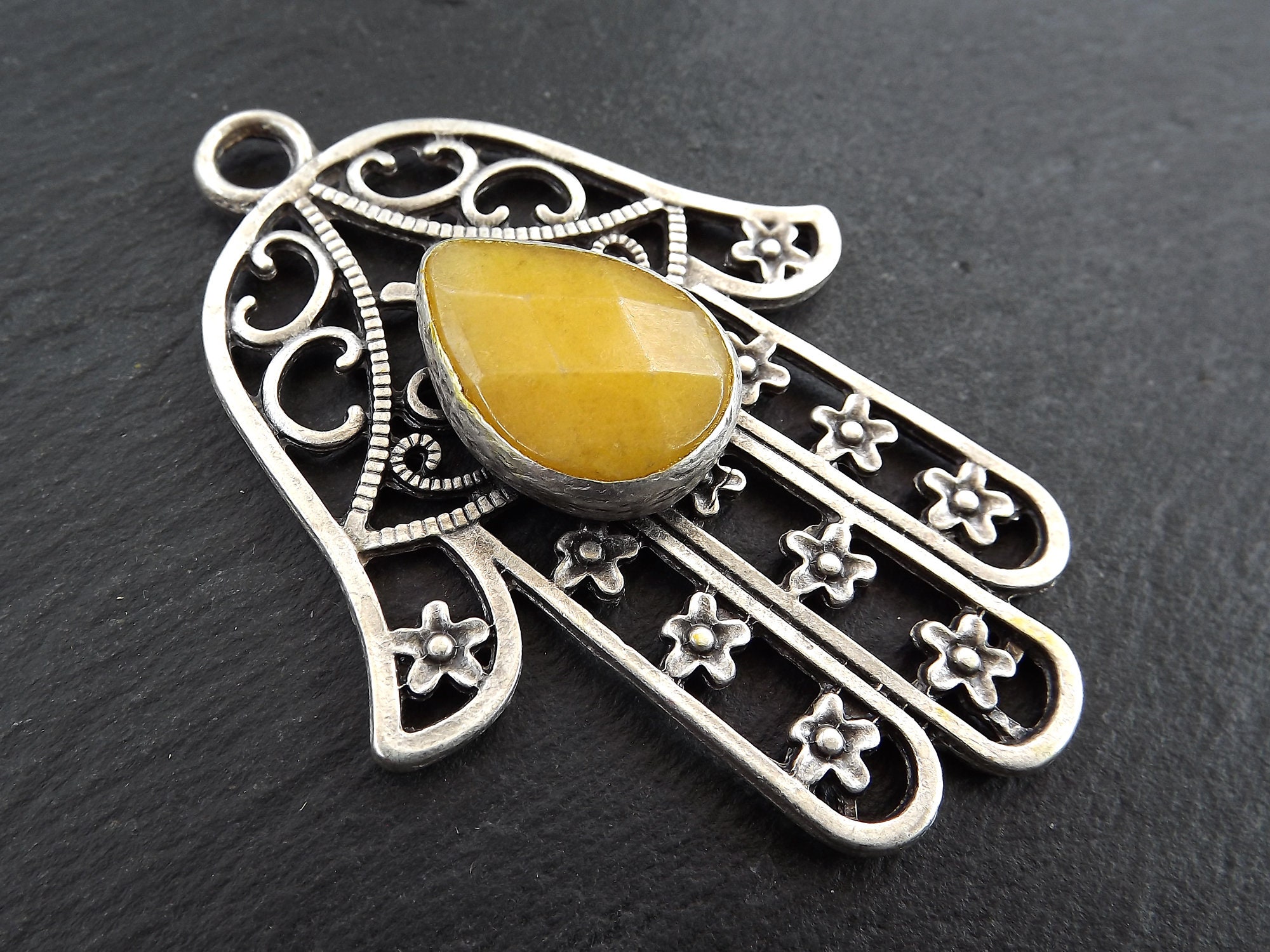 Silver Hamsa Pendant with Yellow Jade Tear Drop Stone Hand of | Etsy