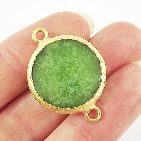 22mm Green Tea Faceted Jade Connector -  22k Matte Gold Plated Bezel - 1pc