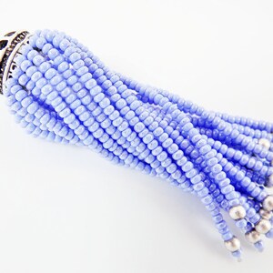 Long Cool Blue Beaded Tassel -  Matte Silver Plated Brass - 1PC