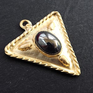 Tribal Triangle Geometric Pendant with Black Silver Glass Accent Rustic Cast - 22k Matte Gold Plated