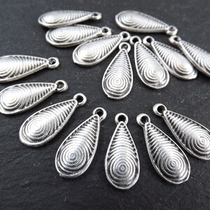 15 Silver Spiral Teardrop Charms, Tear Drop Dangle Pendant Charm, Matte Antique Silver Plated Brass