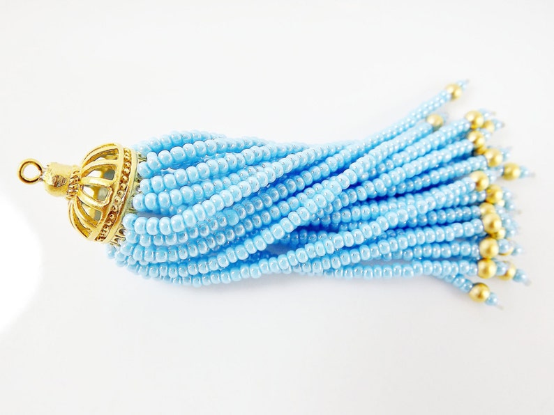 1PC Long Sky Blue Beaded Tassel 22k Matte Gold Plated Brass