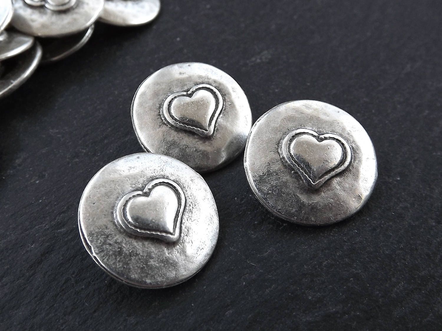 3 Rustic Metal Heart Buttons Antique Bronze Plated - Round Silver Buttons,  Metal Shank Button, Sewing Buttons, Jewelry Making Buttons