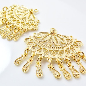 2 Delicate Exotic Filigree Chandelier Earring Component Pendants - 22k Gold Plated