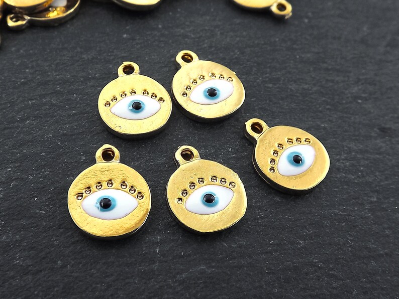 5pc Shiny Gold Plated White Enamel Evil Eye Charms Gold Mini Round Evil Eye Pendant Charms Good Luck Protective Amulet Talisman
