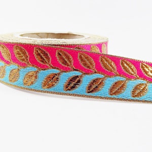 Pink Hellblau Metallic Bronze Blatt Vine Woven Gesticktes Jacquard Zierband - 1 Meter oder 3,3 Fuß oder 1,09 Yards