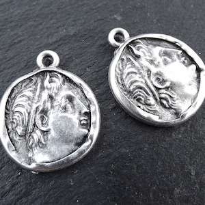 Silver Greek Coin Pendants Charms, Demetrios Poliorketes, King of Macedonia, Poseidon Coin, Replica Coin, Bohemian, Antique Silver, 2pc