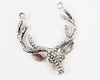 Large Deer Head Antler Horn Necklace Pendant, Focal Connector, Buck Stag, Matte Antique Silver Plated - 1PC