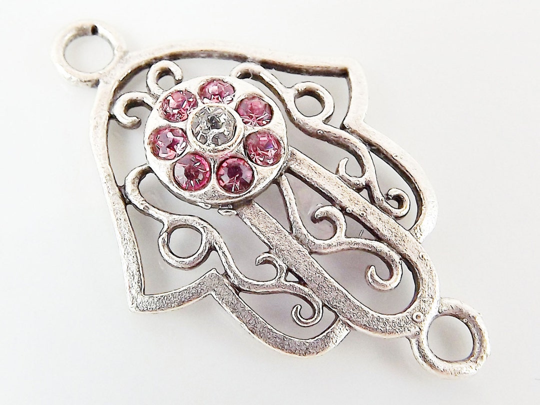 Hamsa Hand of Fatima Connector With Crystal Pink Eye Matte - Etsy