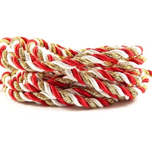 3.5mm Red White Metallic Gold Twisted Rayon Satin Rope Silk Braid Cord - 3 Ply Twist - 1 meters - 1.09 Yards - No:17