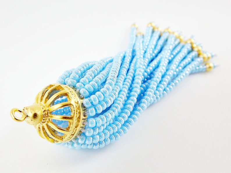 1PC Long Sky Blue Beaded Tassel 22k Matte Gold Plated Brass