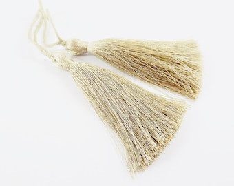 Long Antique Beige Silk Thread Tassels -  3 inches - 77mm  - 2 pc