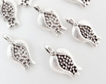 10 Mini Pomegranate Charms - TYPE 2 - Matte Silver Plated