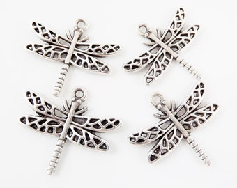 4 Ornate Dragonfly Charm Pendant  - Top Loop - Matte Silver Plated