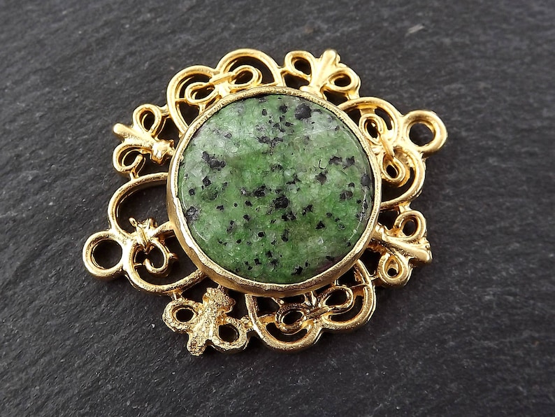 Curly Filigree Connector Green Mottled Jasper Stone 1PC Jewelry Making Supplies Findings 22k Matte Gold Plated
