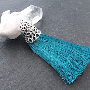 Ocean Blue Tassel Pendant with Rustic Silver Plated Brass Cap, Ethnic Silk Fringe, Boho Jewelry Supplies, 95mm, 1pc